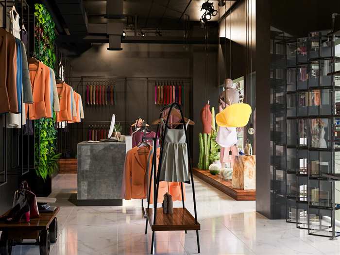 Independent retail interior with clothing displays